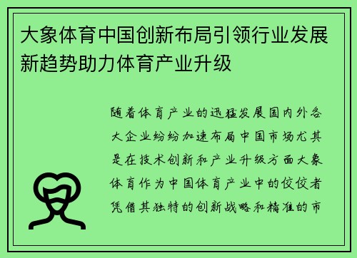 大象体育中国创新布局引领行业发展新趋势助力体育产业升级