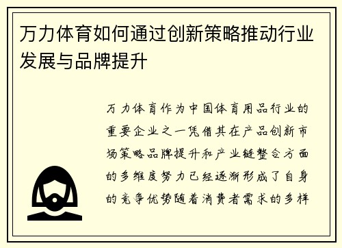 万力体育如何通过创新策略推动行业发展与品牌提升